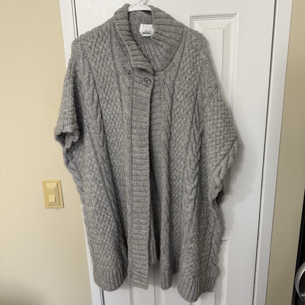 Marina Rinaldi Made in Italy Alpaca Wool Blend Cable Knit Poncho Cardigan Gray